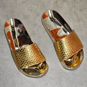 Metallic Gold Snake Pattern Slide Sandals With Reflective Sole - Stylish & Comfo